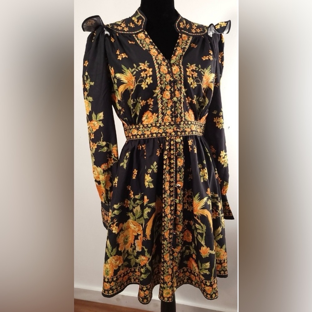 Vintage Beauty Long Cuffed Sleeve Ruffle Shoulder  Golden Floral Mini Dress XL